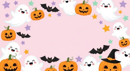 Obraz premium Halloween Celebration Cute Pumpkins, Ghosts, and Bats Frame for Festive Fun & Spooky Greetings on Light Pink Backdrop