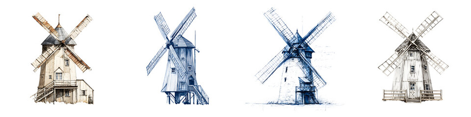 Hand-Drawn Windmill Illustrations - Vintage Architectural Set on White
