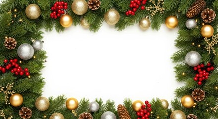 Elegant festive border with fir branches, sparkling gold and silver ornaments, vibrant red berries, and natural pinecones, framing a pristine white blank space for holiday designs and messages