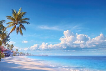 Tropical beach scene with palm trees, beach huts, and a vibrant blue sky