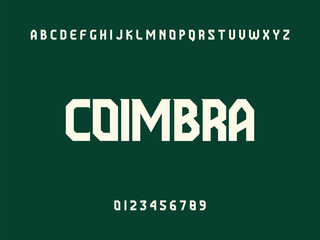 Coimbra Modern Geometric Sans Serif Font Displaying Uppercase Alphabet and Numbers on Dark Green Background