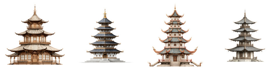 Fototapeta premium Set of Four Watercolor Japanese Pagodas Isolated on White Background
