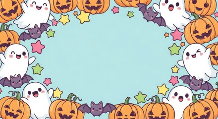 Fototapeta premium Kawaii Halloween Border Cute Ghosts, Pumpkins & Bats