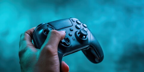 The game controller held in hand with moody teal gaming background