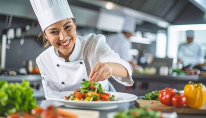 Smiling female chef garnishing a dish in a professional kitchen. Surrounded by fresh vegetables. Detailed high quality image.