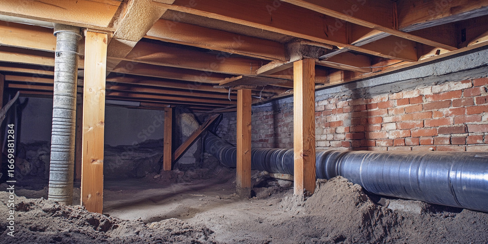 Poster crawl space view showing structural supports and piping generative ai