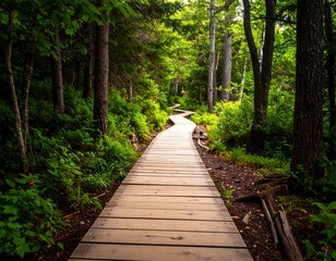Wooden boardwalk path through lush forest