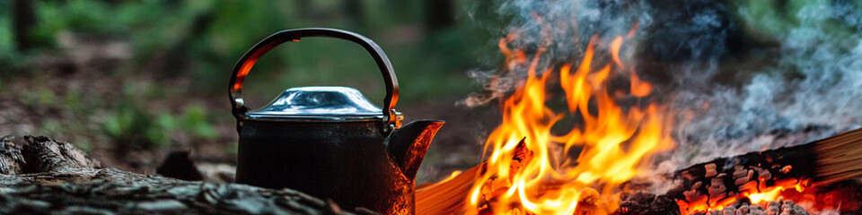 Fototapeta premium Steaming kettle beside a campfire in the forest Generative AI
