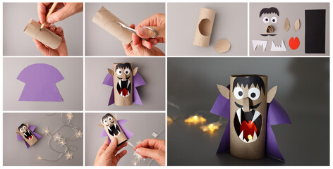 Cardboard tube Halloween vampire Dracula DIY project with led light and paper details. Useful for toy shops, education business, craft blogs, seasonal decoration companies, kids activities brands