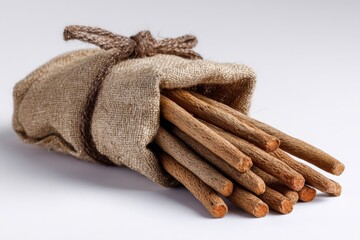Bundle of natural herbal sticks wrapped in burlap bag for organic treatments and wellness in natural healing therapy
