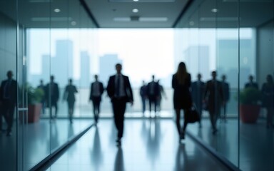 Abstract glass wall of corporate office with blurred people walking in professional business environment perfect for finance technology and modern workplace concept backgrounds. High quality