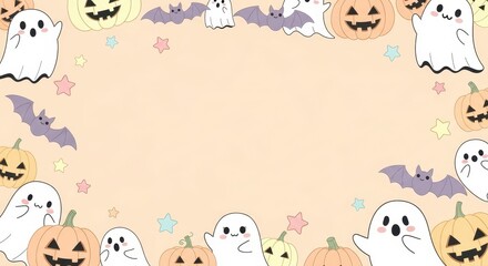 Cute Halloween frame with ghosts, pumpkins, bats, and pastel stars on a pale peach background