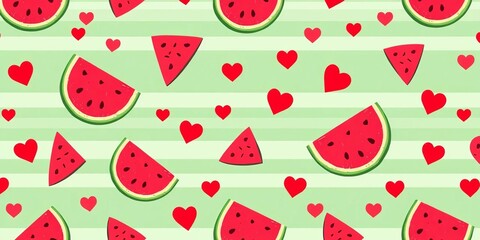 Cute watermelon slice seamless pattern, flat style fruit striped background with hearts , fruit, texture pattern