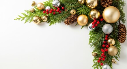 Festive Holiday Decoration Corner with Evergreen Branches, Berries, Pinecones, and Shiny Ornaments