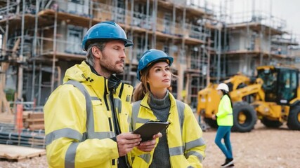 Construction Inspection Team: A focused construction team, donned in safety attire, meticulously inspects a building site.