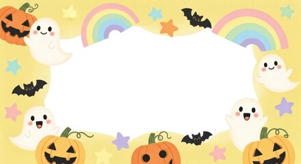Cute kawaii Halloween frame with friendly ghosts, smiling pumpkins, bats, and pastel rainbows on a yellow background