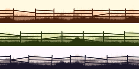 Meadow silhouettes with grass and old wooden fence. Countryside, panoramic summer lawn rural landscape with herbs, weeds. Herbal border, frame element. Brown horizontal banners. Vector illustration
