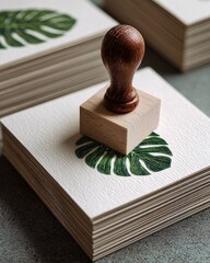 Wooden stamp on stacked cards with tropical leaf design