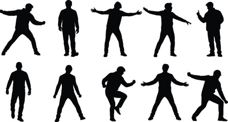 Silhouettes of active men standing and moving in various dynamic poses, casual clothing, isolated on white background, energetic, motion, expression, youth, freedom, lifestyle, activity
