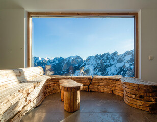 Minimalist Modern Living Room Featuring Curved-Wooden Furniture With Mountain View with wooden table
