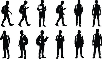 Silhouette of male students with backpacks, using mobile phones, walking, standing, reading, studying, isolated on white for education and lifestyle design