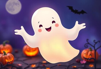 Pastel ghost playfully floats, charming smile, whimsical Halloween design,  happy,  design element