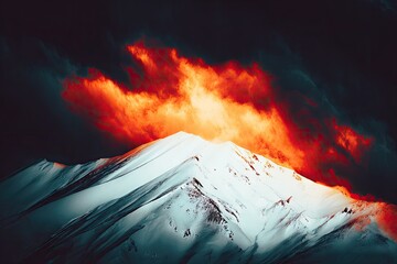 Fiery sunset erupts over a snow-capped mountain peak