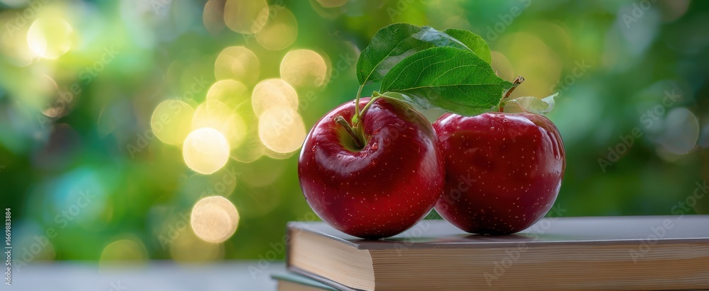 Poster the red apples on a stack of books with soft bokeh background