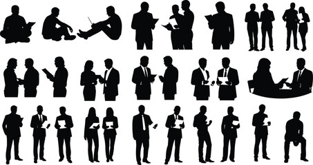 Silhouettes of Business Professionals in Office Poses, Standing, Sitting, Reading, Discussing, and Collaborating with Documents, Laptops, and Mobile Devices on White Background