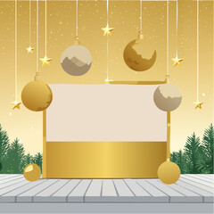 Golden christmas card with balls and lights