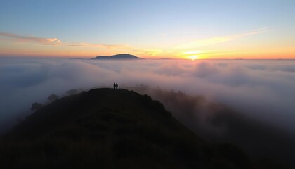 Sunrise silhouettes on foggy highland terrace, vacation, morning