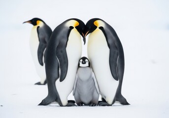Obraz premium Emperor penguin family huddled together isolated on transparent background