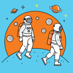 Cartoon Astronauts Exploring Alien Planet with Orange Moons

