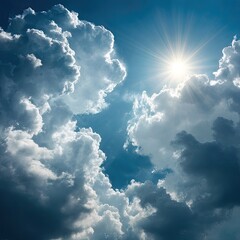 Dramatic sky with fluffy clouds and bright sun