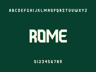 rome city Contemporary Vector Typography of a Robust Uppercase Font with Numbers for Branding on a Plain Green Canvas