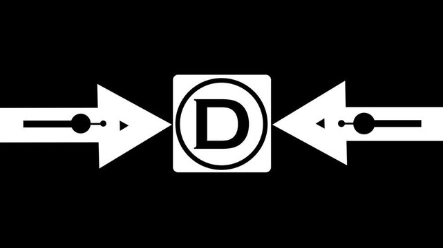 Glowing Bold Black Circle Contains A Large Capital Letter &ldquo;D&rdquo; In The Center. From The Circle, Two Black Arrows Extend Outward In The Two Cardinal Directions, Creating A Simple 