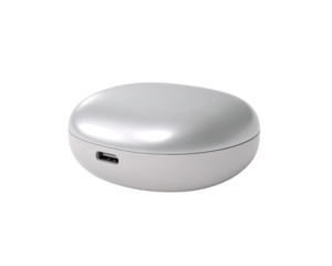 Oval-shaped, light gray wireless earbuds charging case.  Features a smooth, glossy finish and a USB-C charging port