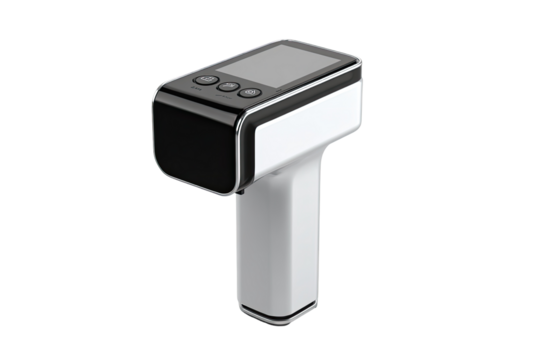 Portable, handheld device with a small screen and buttons.  Black and white casing, rectangular shape, and a slightly angled design.  Compact and ergonomic form