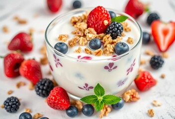 Yogurt parfait with granola, berries, and nuts on white ,  white background,   homemade
