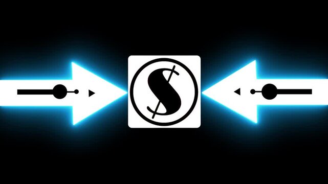 Glowing Bold Black Circle Contains A Large Dollar symbol In The Center. From The Circle, Two Black Arrows Extend Outward In The Two Cardinal Directions, Creating A Simple 