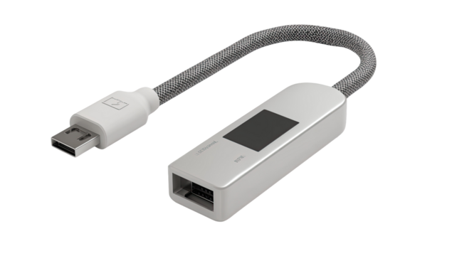 A gray-and-white USB-C to Ethernet adapter.  A braided gray cable connects to a small white rectangular device.  A display shows status