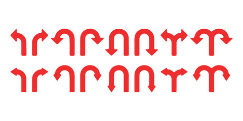 Road traffic direction arrows flat set. You-turn, left, right, two way, three way transportation direction arrow symbol. decision icon vector Trafic way icon