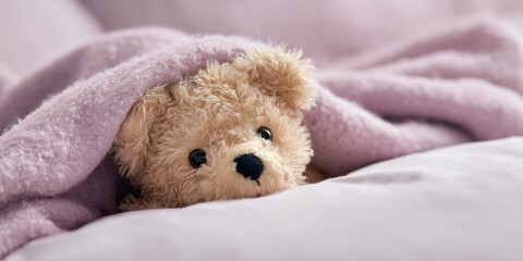 The Teddy Bear Peeking Out From A Soft Pink Blanket In Nursery