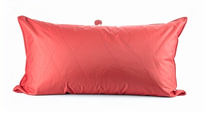 Red rectangular quilted pillow with diagonal stitching, smooth shiny fabric, and circular top tag—plump and vibrant, displayed on white background.