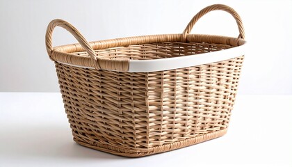 Obraz premium Rectangular woven laundry basket with white plastic rim and handles, beige texture, isolated on plain white background.