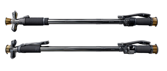 Two parallel, long, metal hydraulic cylinders with dark gray/black components