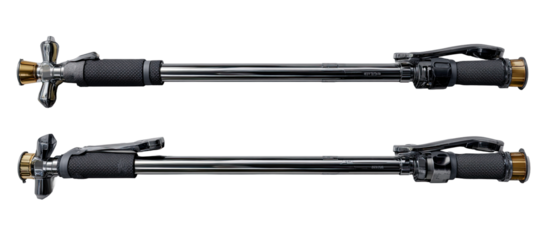 Two parallel, long, metal hydraulic cylinders with dark gray/black components
