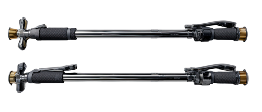 Two parallel, long, metal hydraulic cylinders with dark gray/black components