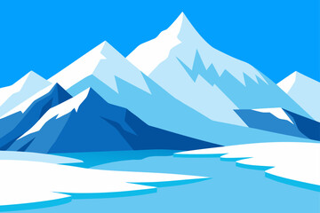 A high-angle panorama of a snowy alpine winter landscape with towering mountain peaks under a cold blue sky