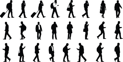 Silhouettes of diverse business people walking, using phones, carrying bags, backpacks, briefcases, traveling